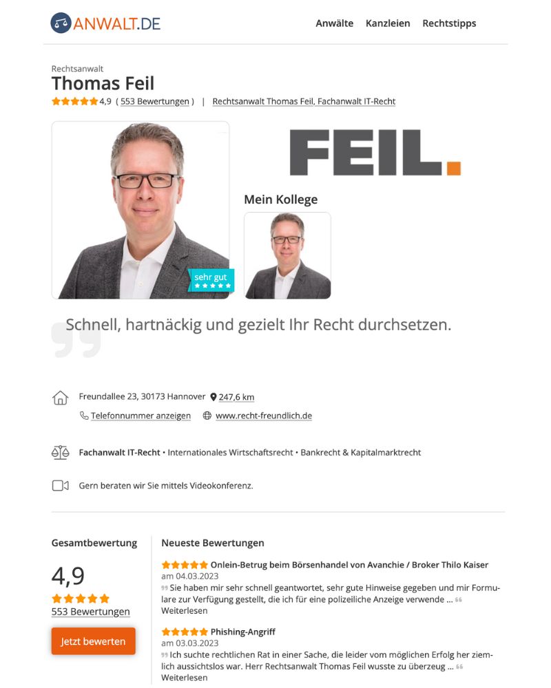 Anwalt.de Thomas Feil Profil Screenshot