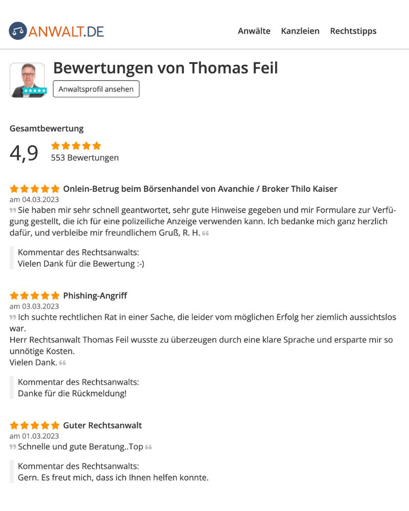 Bewertungen Anwalt.de für Thomas Feil