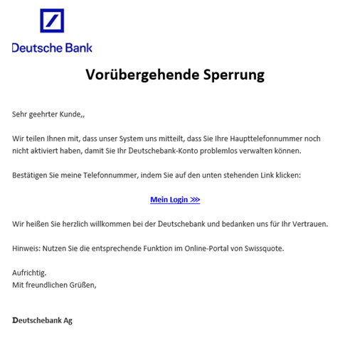 E-Mail mit Androhung "Vorübergehende Sperrung" als Deutsche Bank Phishing Beispiel