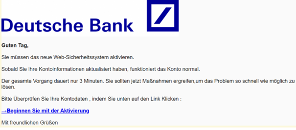 Aktivierung Web Sicherheitssystem Deutsche Bank Phishing Beispiel