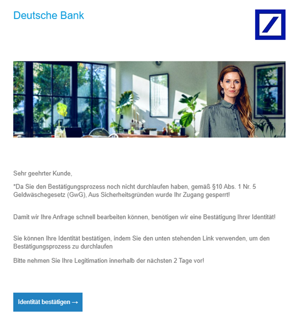 Geldwäsche Screenshot Phishing Deutsche Bank