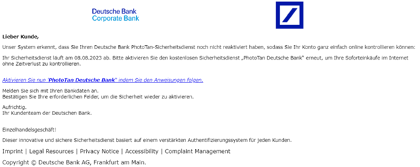 Aktivierung Photo TAN als Deutsche Bank Phishing Beispiel