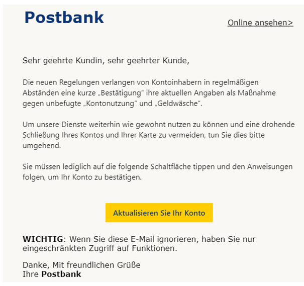 Postbank Phishing E-Mail Betrug