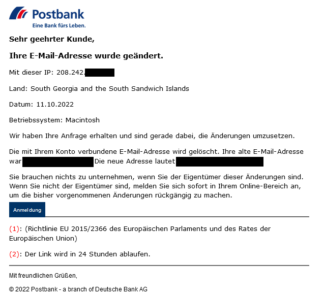 Postbank E-Mail Betrug Phishing