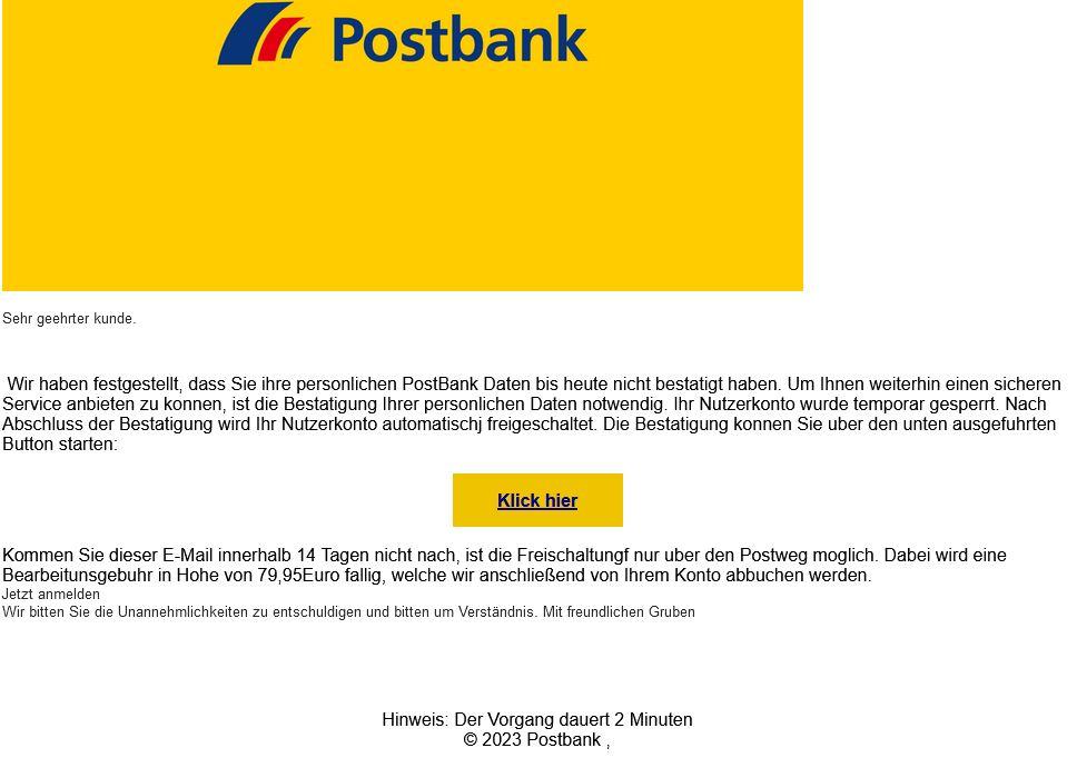 Postbank Phishing angebliche Kontosperrung