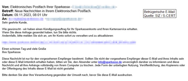Sparkasse Phishing-Mail mit angeblichen Kündigungsauftrag 