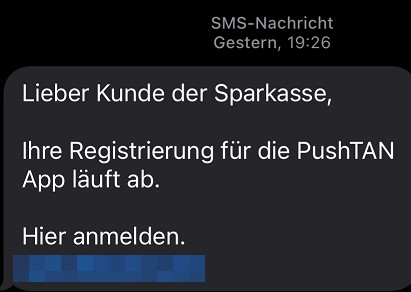 Aktuelle Phishing-SMS bei der Sparkasse