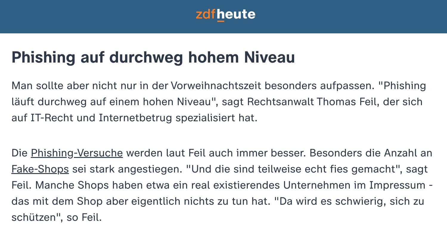 Rechtsanwalt Thomas Feil bei ZDFheute zu Phishing und Smishing (04.12.2023)
